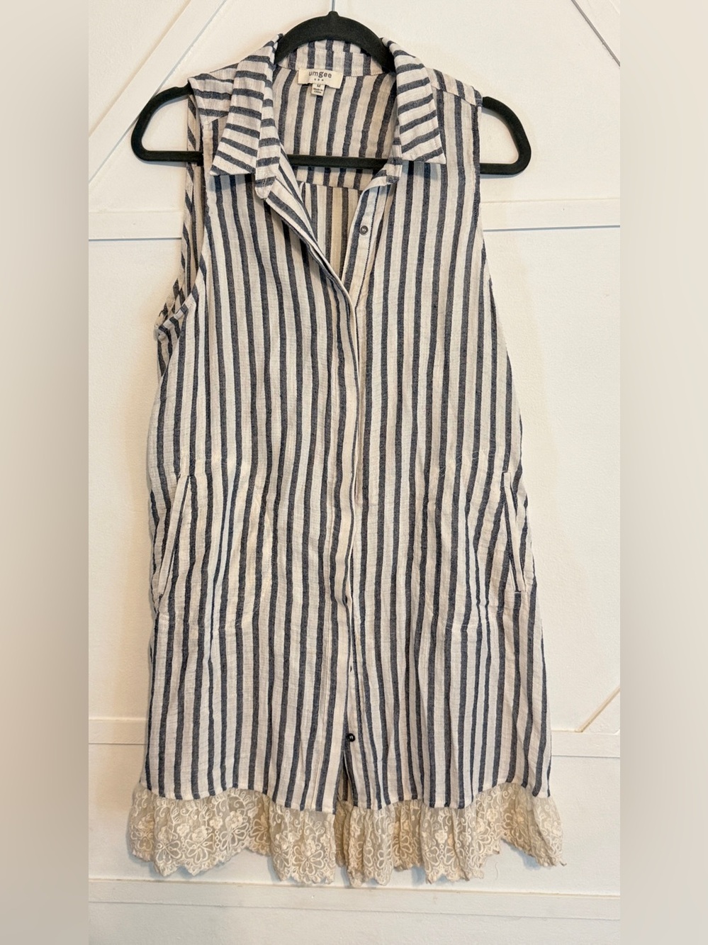 Umgee Navy & White Sleeveless Striped Shirt Dress with Lace Hem